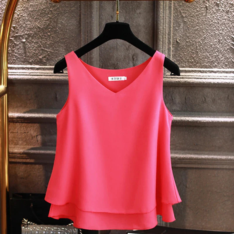 Damen - Blusen - Baumwolle - Ärmellose Chiffonbluse - V-Ausschnitt - Sommer