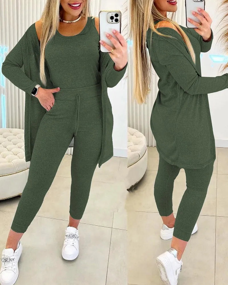 Langärmeliges Streetwear-Set mit Kordelzug in Uni-Farbe