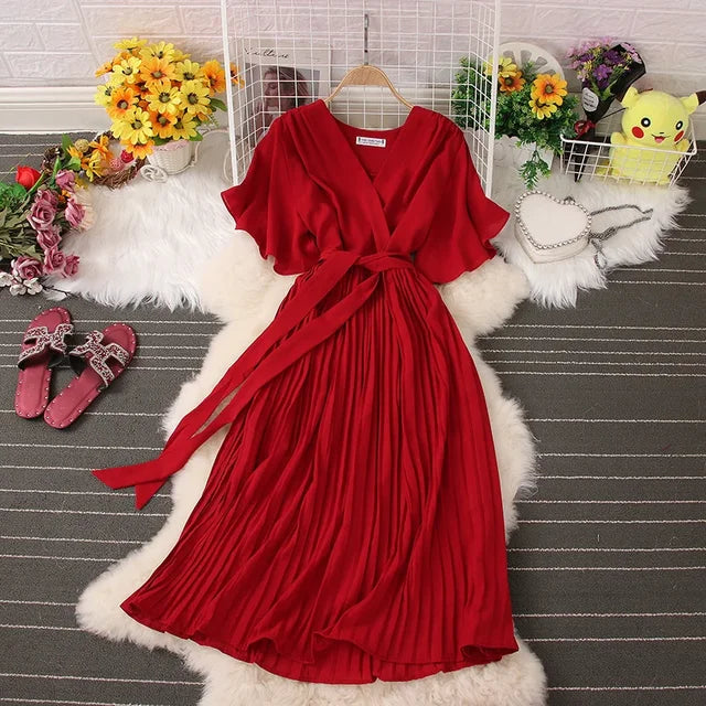 Damen – Langes Kleid – Baumwollmischung, V-Ausschnitt, Unifarben – Sommer