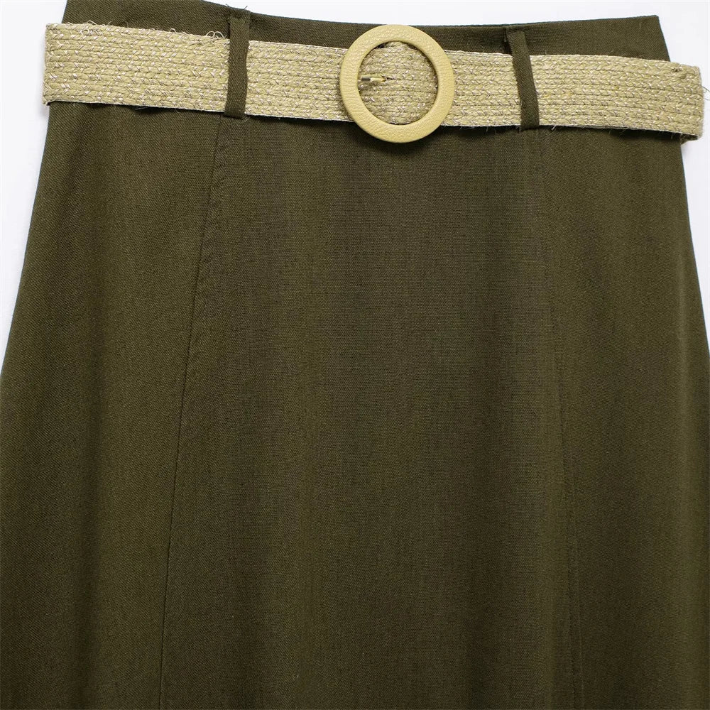 Damen - Midirock - Polyester/Leinen - Mit Gürtel - Herbst