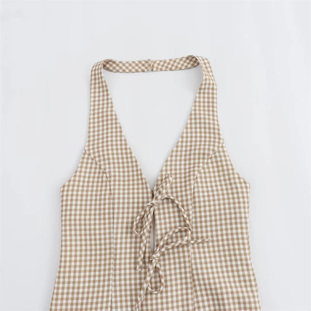 Damen-Kleid-Ärmellos-Plait-Petit-Schleife-Sommer