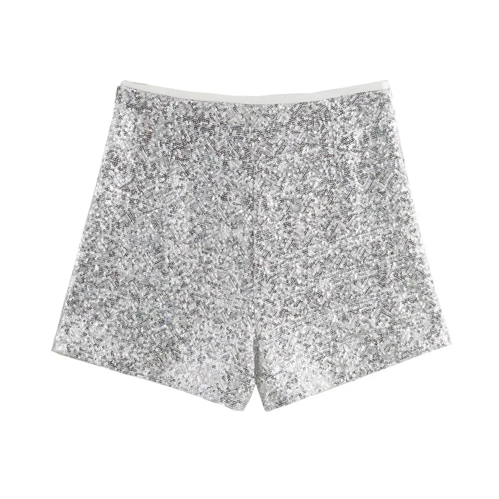 Frauen - Slim-Fit V-Ausschnitt Pailletten Jacke - Hohe Taille Shorts Set - Sommer