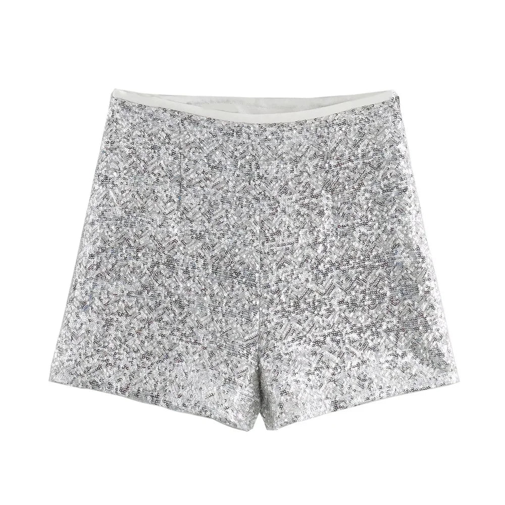 Frauen - Slim-Fit V-Ausschnitt Pailletten Jacke - Hohe Taille Shorts Set - Sommer