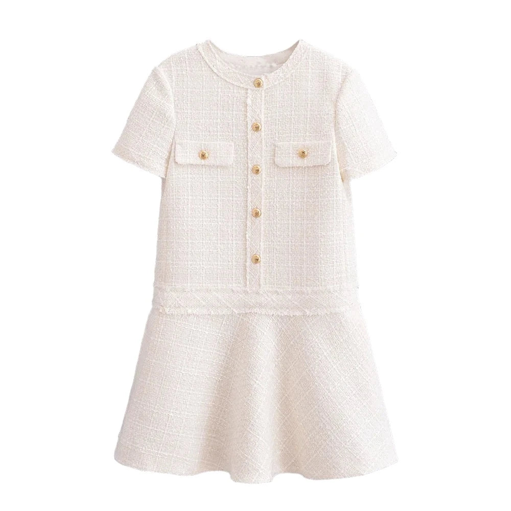Damen-Kleid-Rundhalsausschnitt-Kurzarm-Texturiert-Sommer