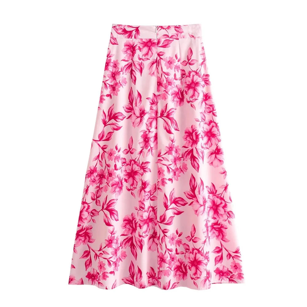 Damen - Set mit langärmligem Polokragen und bedrucktem Midirock mit Blumenmuster - Sommer