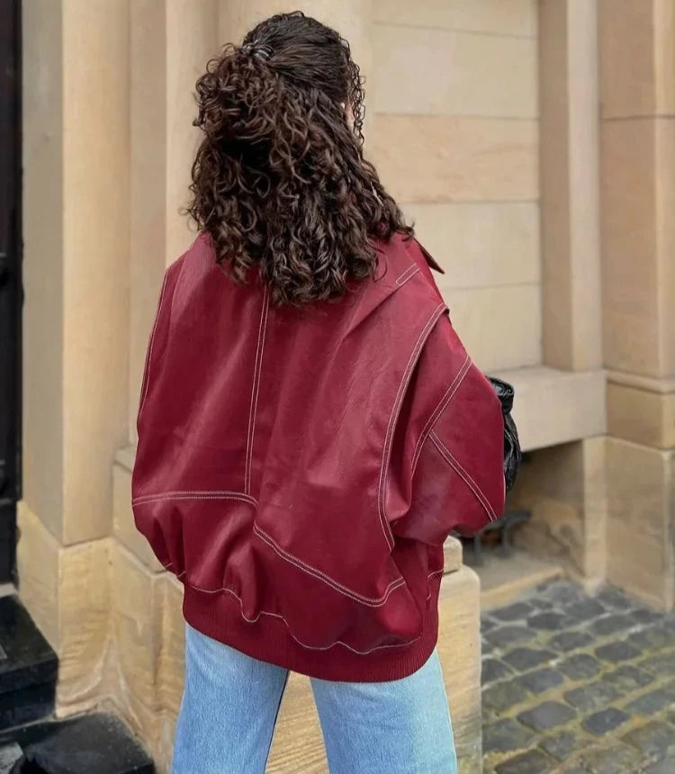 Damen - Jacke - Übergröße Kontrastnaht - PU-Leder - Winter