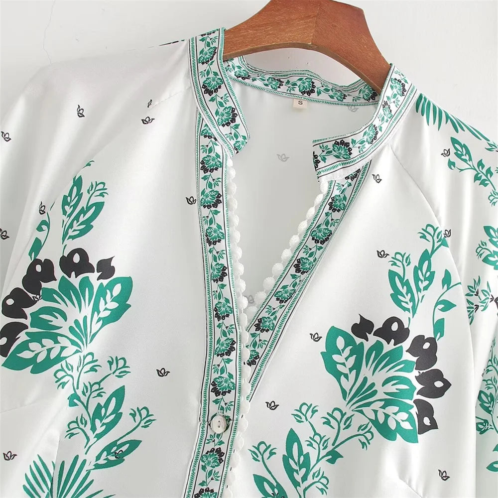 Damen - Lässiges, lockeres V-Ausschnitt-Langkleid mit langen Ärmeln und Aufdruck - Sommer