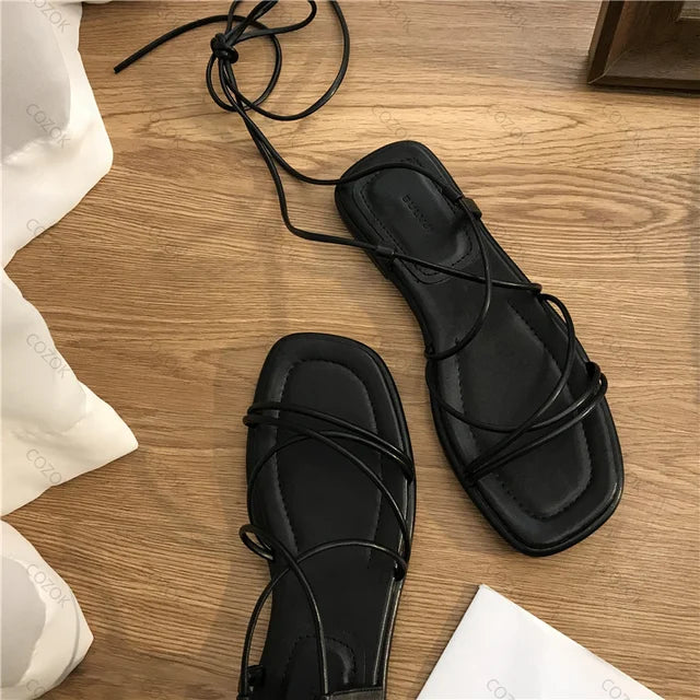 Damen Leder Quadratische Zehe Knöchelriemen Sommer Schnürsandalen