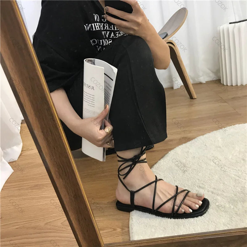 Damen Leder Quadratische Zehe Knöchelriemen Sommer Schnürsandalen