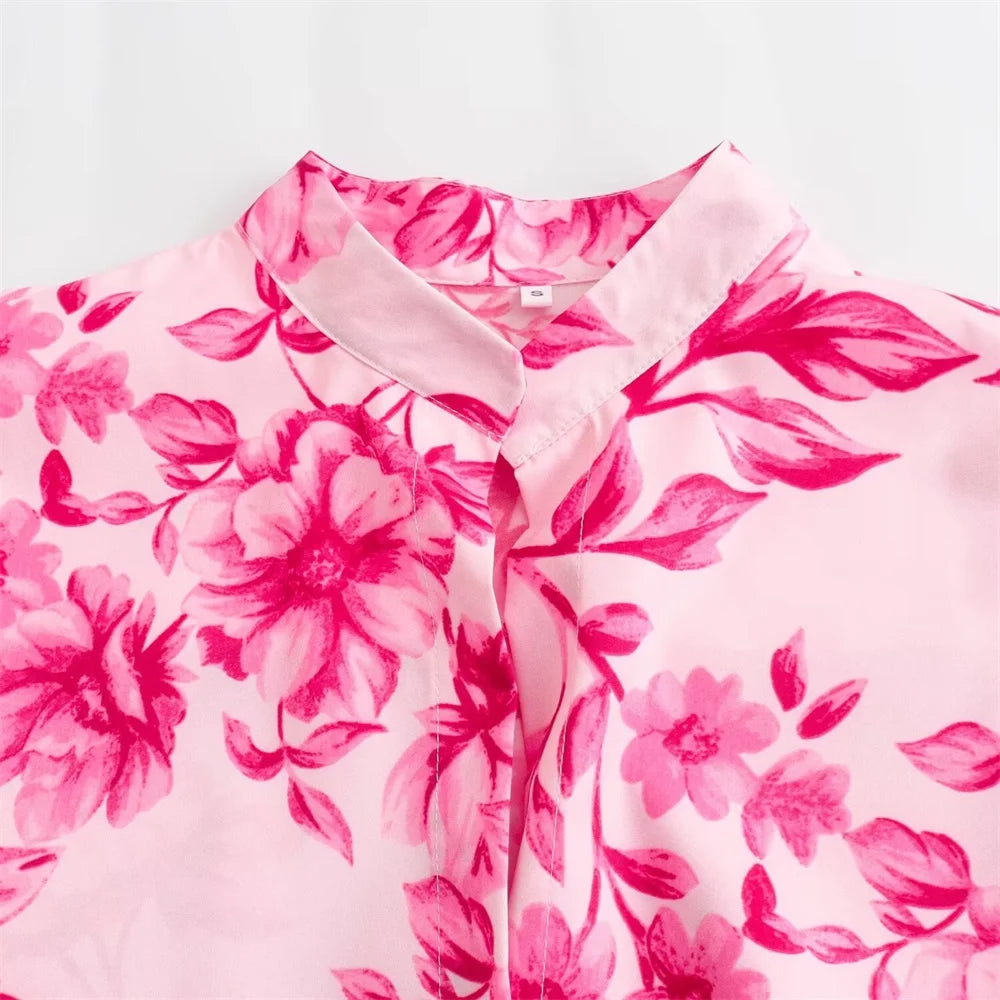 Damen - Set mit langärmligem Polokragen und bedrucktem Midirock mit Blumenmuster - Sommer