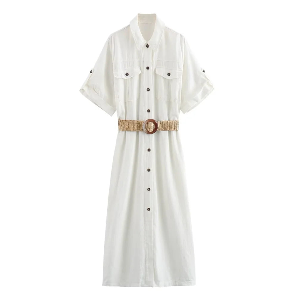 Damen - Kleid - Langarm - Leinengürtel - Herbst