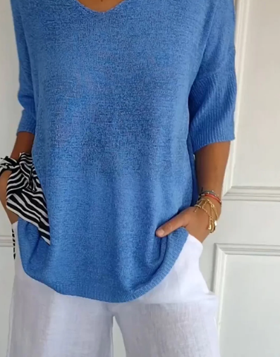 Luna Einfarbiger Strickpullover mit V-Ausschnitt