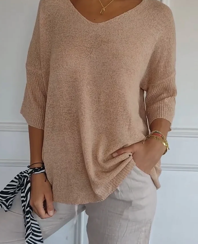 Luna Einfarbiger Strickpullover mit V-Ausschnitt