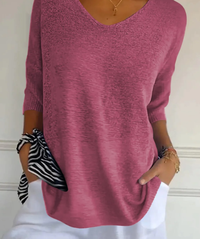 Luna Einfarbiger Strickpullover mit V-Ausschnitt