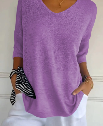 Luna Einfarbiger Strickpullover mit V-Ausschnitt