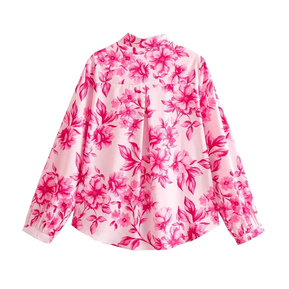 Damen - Set mit langärmligem Polokragen und bedrucktem Midirock mit Blumenmuster - Sommer