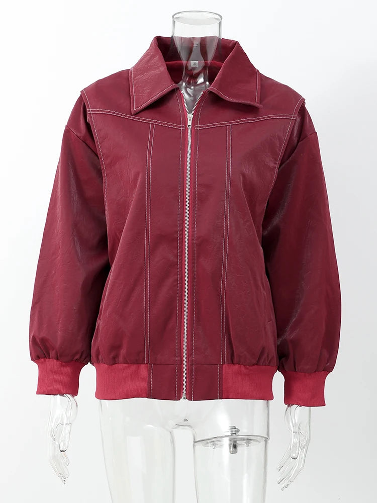 Damen - Jacke - Übergröße Kontrastnaht - PU-Leder - Winter