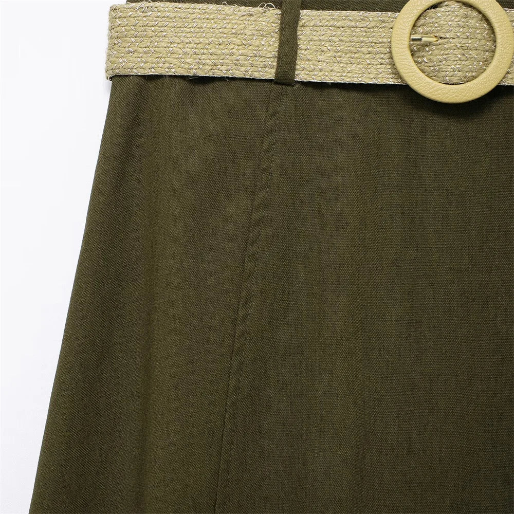 Damen - Midirock - Polyester/Leinen - Mit Gürtel - Herbst