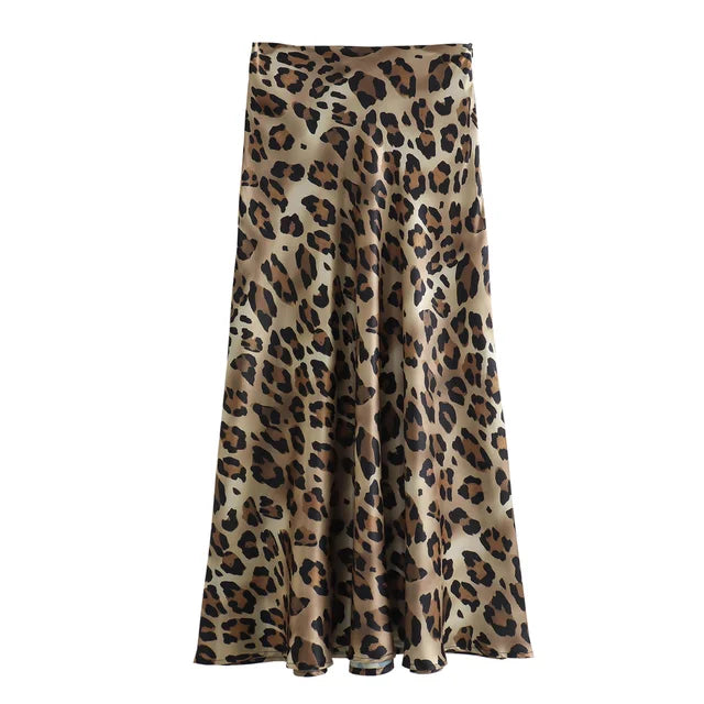 Langer Rock – Vintage Leopardenmuster Hohe Taille – Sommer Satin