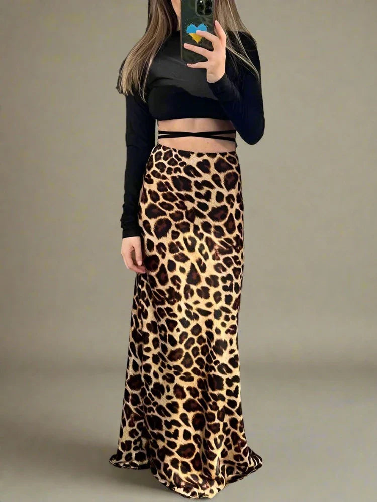 Langer Rock – Vintage Leopardenmuster Hohe Taille – Sommer Satin