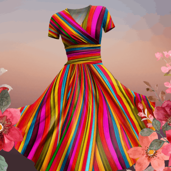 Buntes elegantes Kleid mit V-Ausschnitt
