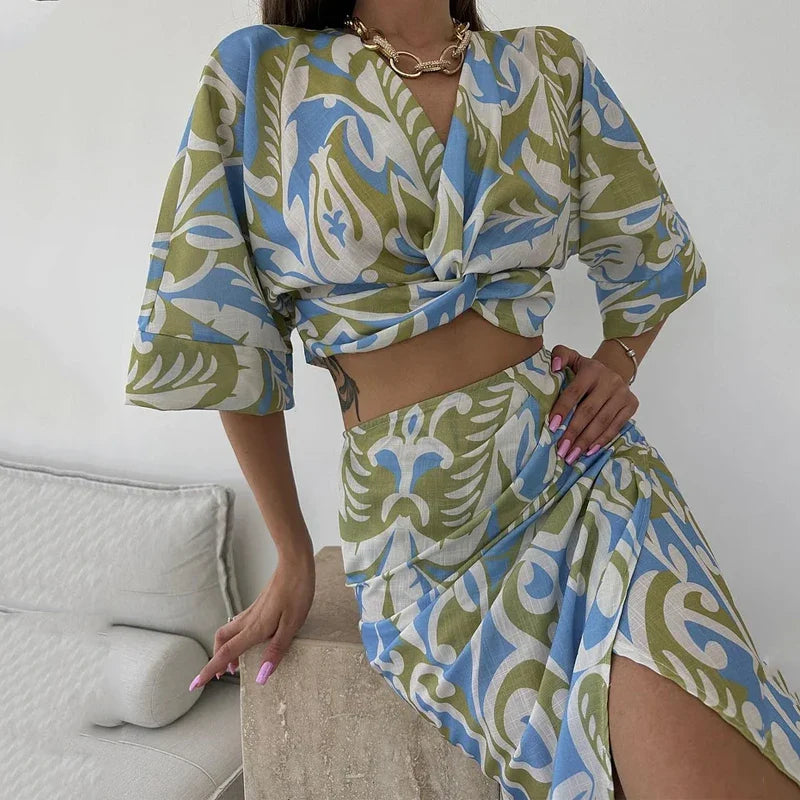 Damen Crop Top mit Blumendruck und langer Rock für Strandmode