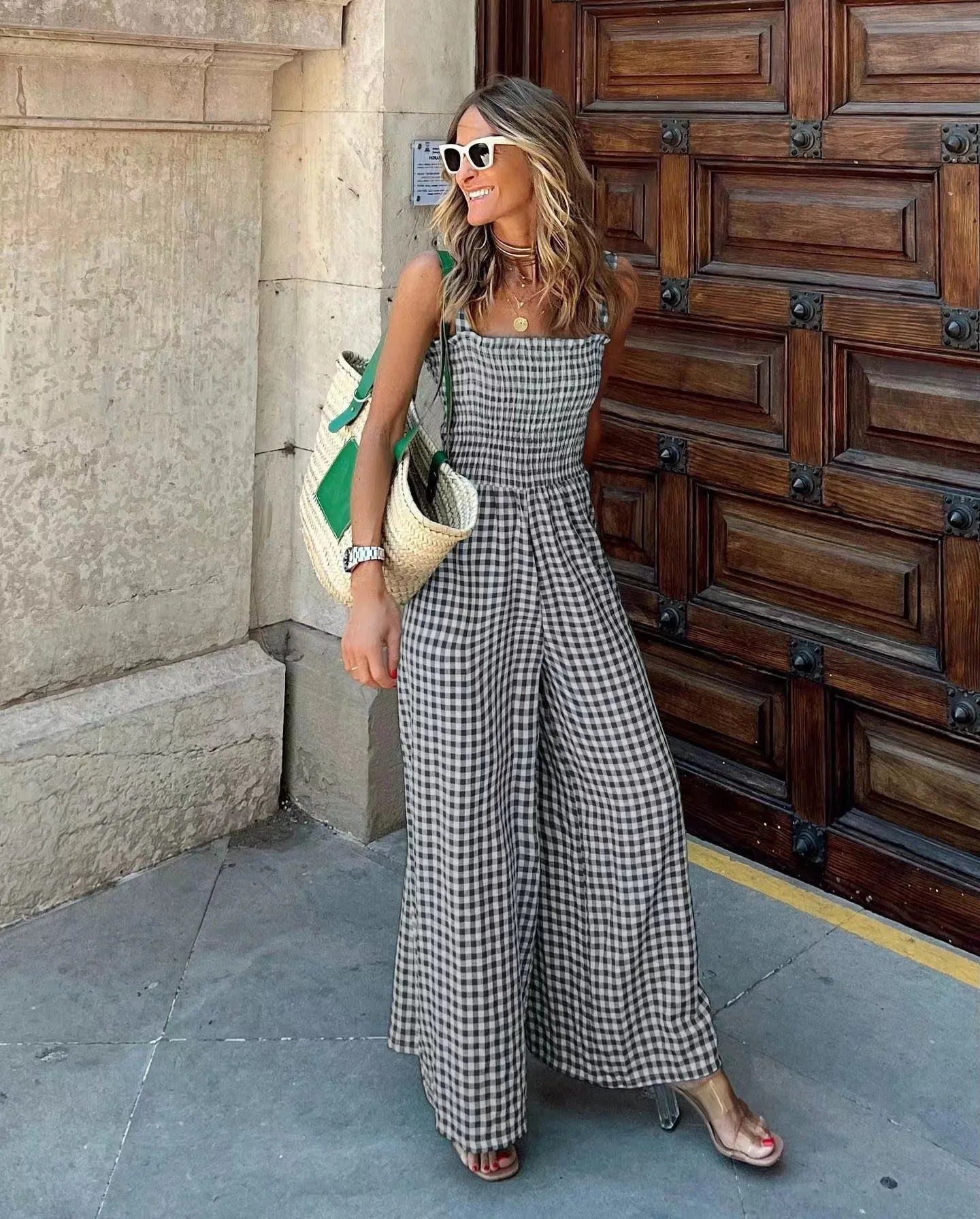 Damen- Jumpsuit- Karodruck weites Bein- Baumwolle- Sommer