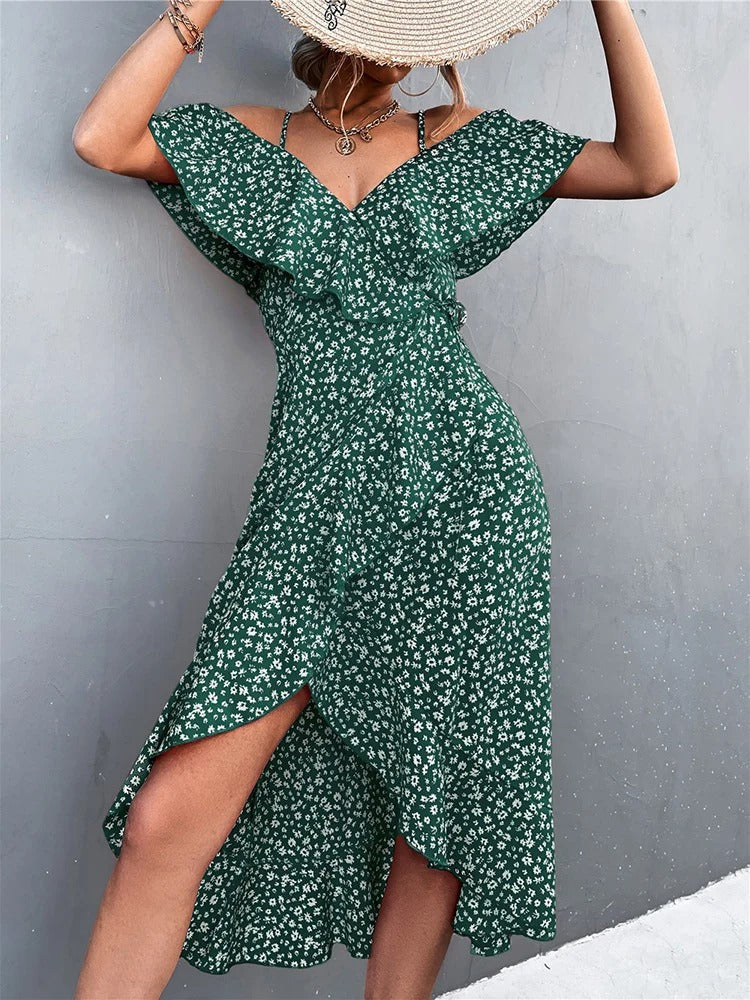 Sommerkleid mit Blumendruck rückenfreiem Design und Rüschendetails