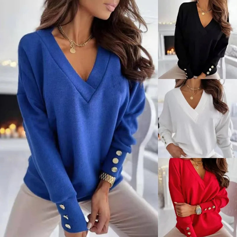 Damen solide V-Ausschnitt lässig lange Ärmel Tops für Straße Stil