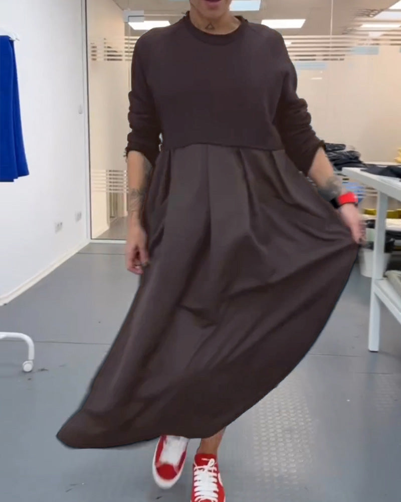 Frauen - Kleid - Rundhalsausschnitt - Baumwolle Leinen - Herbst Winter