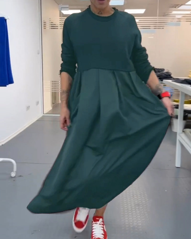 Frauen - Kleid - Rundhalsausschnitt - Baumwolle Leinen - Herbst Winter
