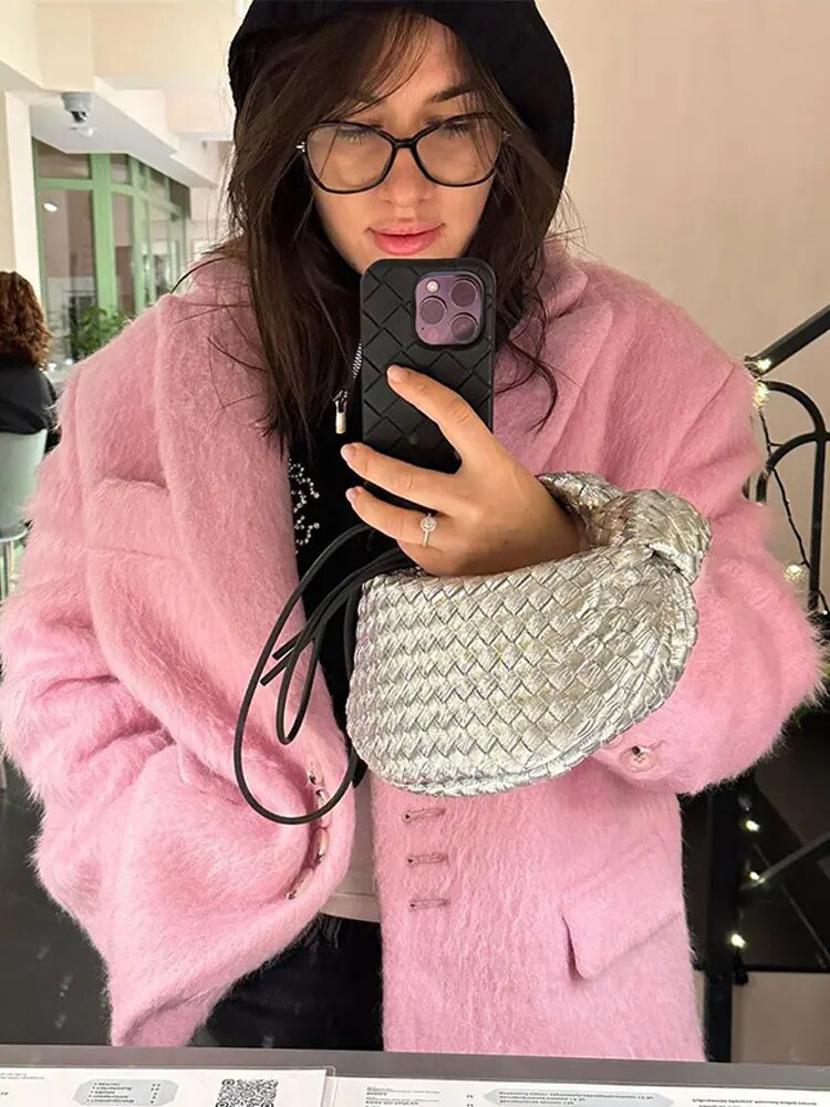 Damen - Blazer Jacke - Rosa Plüsch - Revers Langarm Knopf - Winter