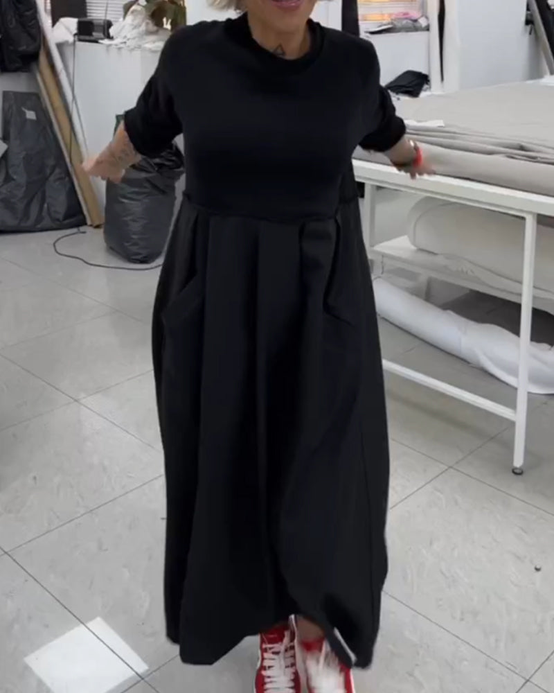 Frauen - Kleid - Rundhalsausschnitt - Baumwolle Leinen - Herbst Winter