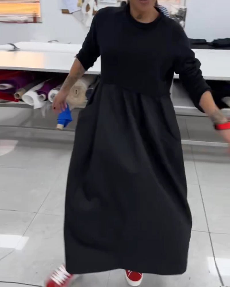 Frauen - Kleid - Rundhalsausschnitt - Baumwolle Leinen - Herbst Winter