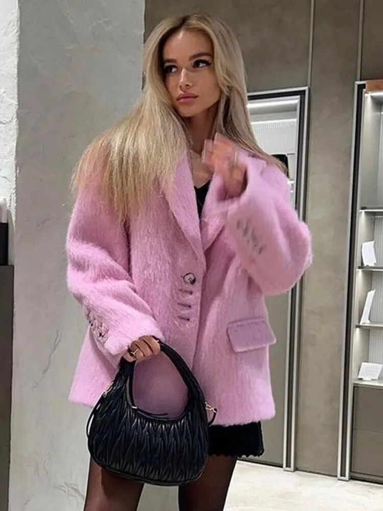 Damen - Blazer Jacke - Rosa Plüsch - Revers Langarm Knopf - Winter