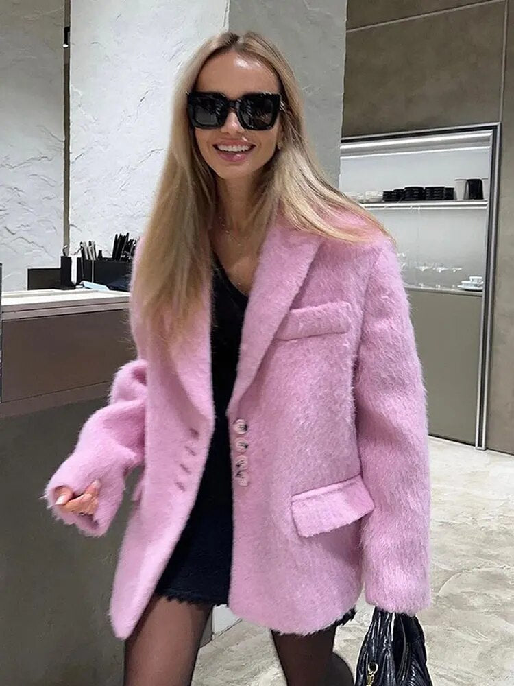 Damen - Blazer Jacke - Rosa Plüsch - Revers Langarm Knopf - Winter