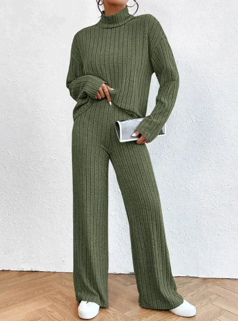 Frauen - Zweiteiliges Set - Langärmeliges Oberteil High Waist Wide Leg Pants - Herbst