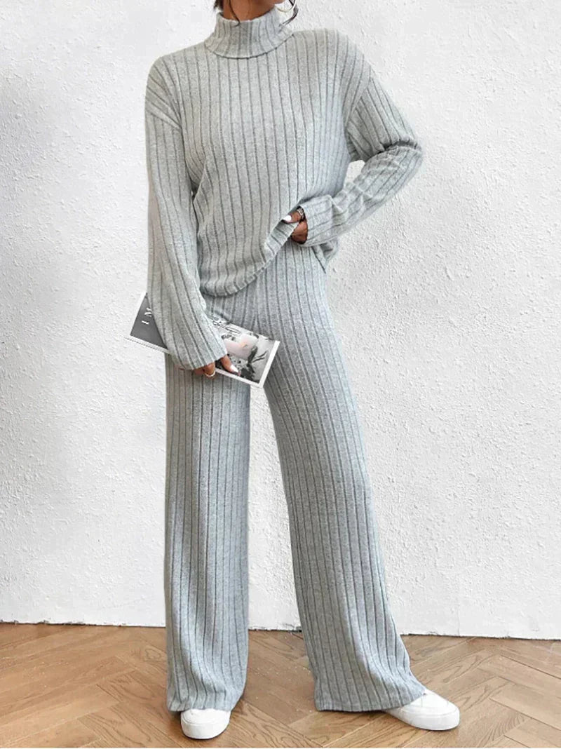 Frauen - Zweiteiliges Set - Langärmeliges Oberteil High Waist Wide Leg Pants - Herbst