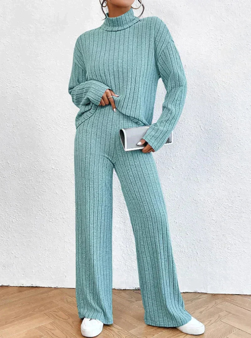 Frauen - Zweiteiliges Set - Langärmeliges Oberteil High Waist Wide Leg Pants - Herbst