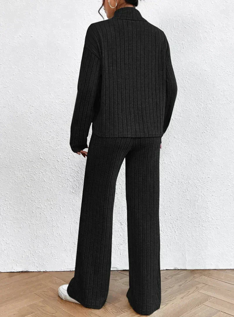Frauen - Zweiteiliges Set - Langärmeliges Oberteil High Waist Wide Leg Pants - Herbst