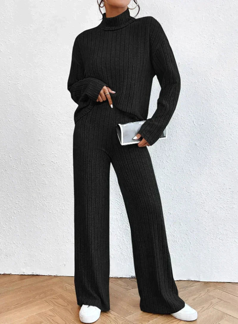 Frauen - Zweiteiliges Set - Langärmeliges Oberteil High Waist Wide Leg Pants - Herbst