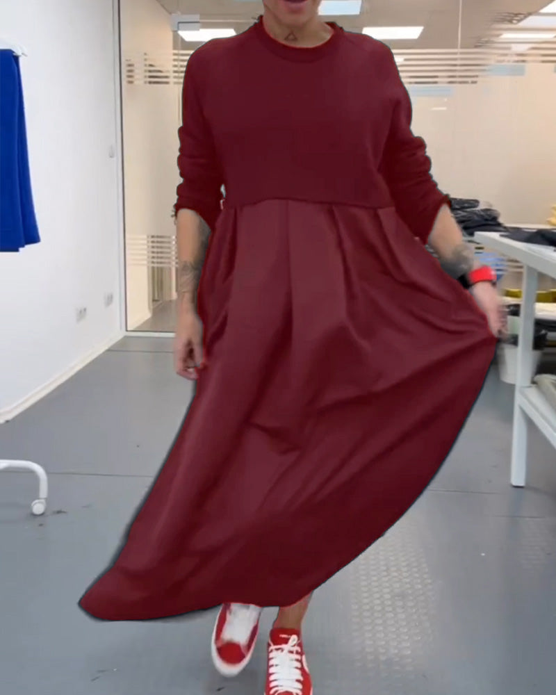 Frauen - Kleid - Rundhalsausschnitt - Baumwolle Leinen - Herbst Winter
