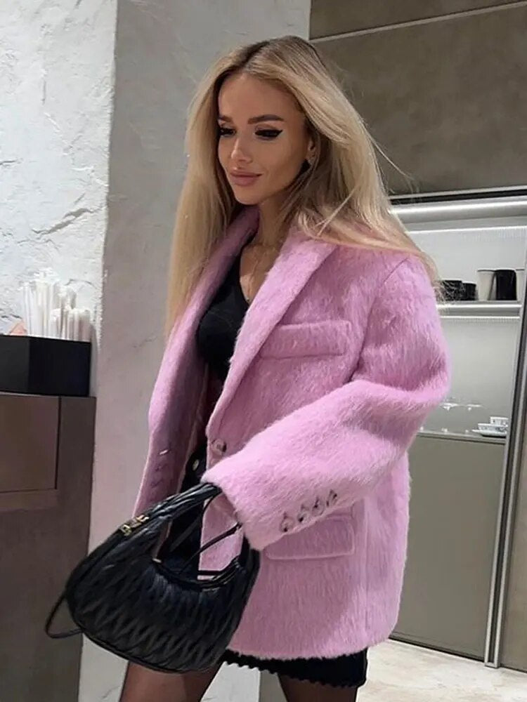 Damen - Blazer Jacke - Rosa Plüsch - Revers Langarm Knopf - Winter