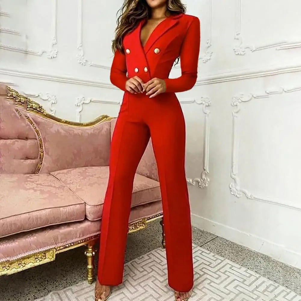 Stylischer Party Slim Fit Jumpsuit mit Business V Ausschnitt und Metallknöpfen