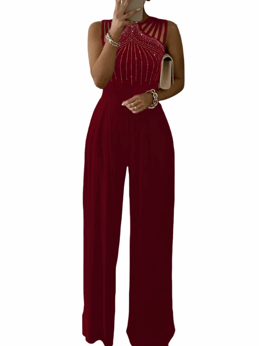 Ärmelloser Jumpsuit im Party Stil mit blauem Rautenmuster und weitem Bein