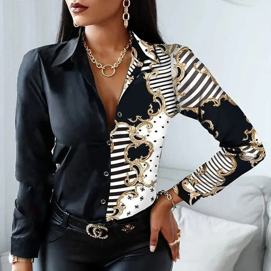 Damen-Business-Bluse mit geometrischem Muster und Umlegekragen