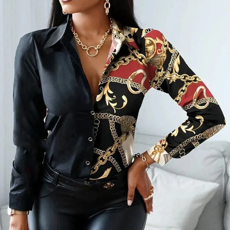 Damen-Business-Bluse mit geometrischem Muster und Umlegekragen