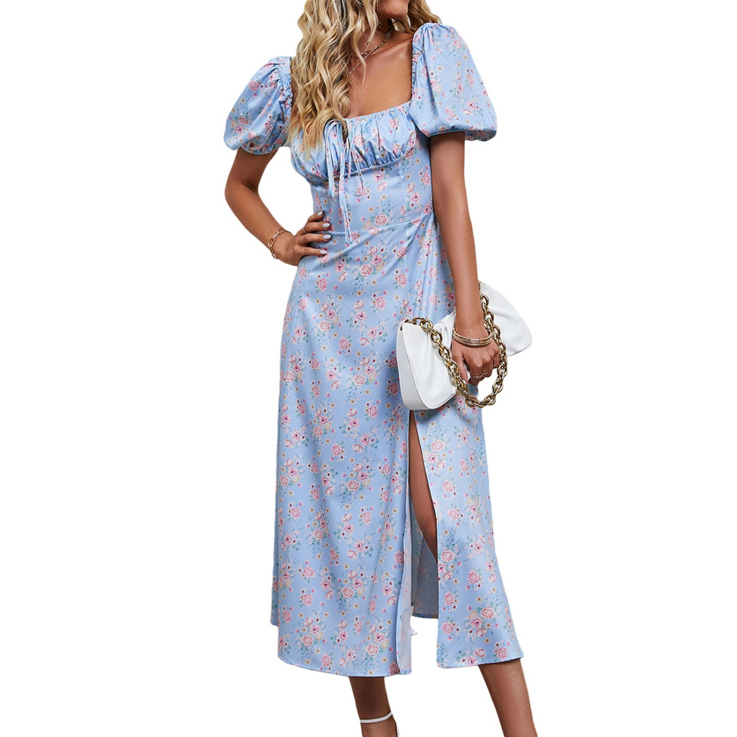 Sommerliches geschlitztes Kleid mit Blumendruck und U-Ausschnitt