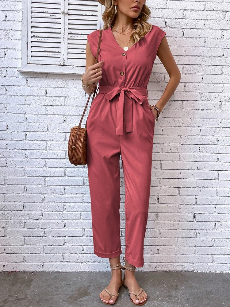 Unifarbener Jumpsuit mit V-Ausschnitt Knopfverschluss und weicher Hose