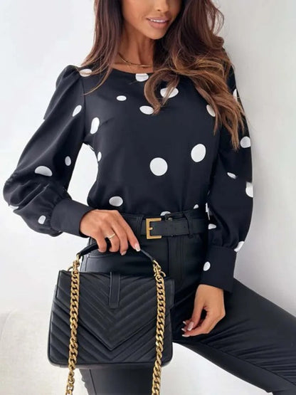 Weiße Damenbluse mit Polka-Dot-Print und Rundhalsausschnitt